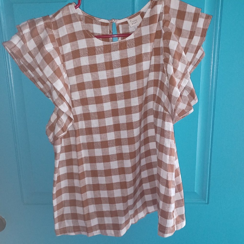 A New Day Brown Gingham Linen Top Medium